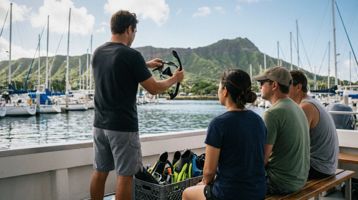 Pre-departure briefing on entry technique before a swim with dolphins trip on an Oahu dolphin tour