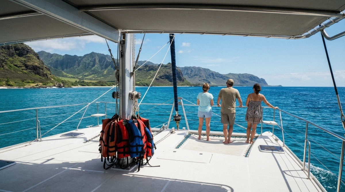 Passengers on a catamaran deck watching the coast during a wild Oahu dolphin tour morning