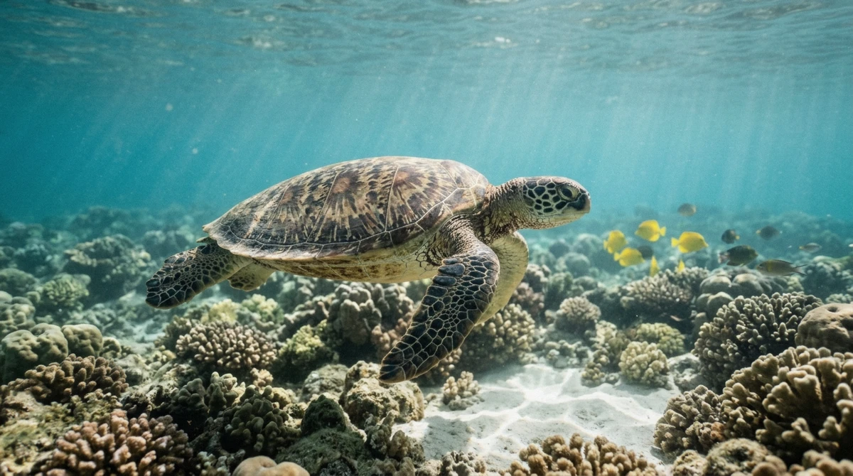 Green sea turtle over a reef at the snorkel stop that follows the dolphin swim on an Oahu dolphin tour
