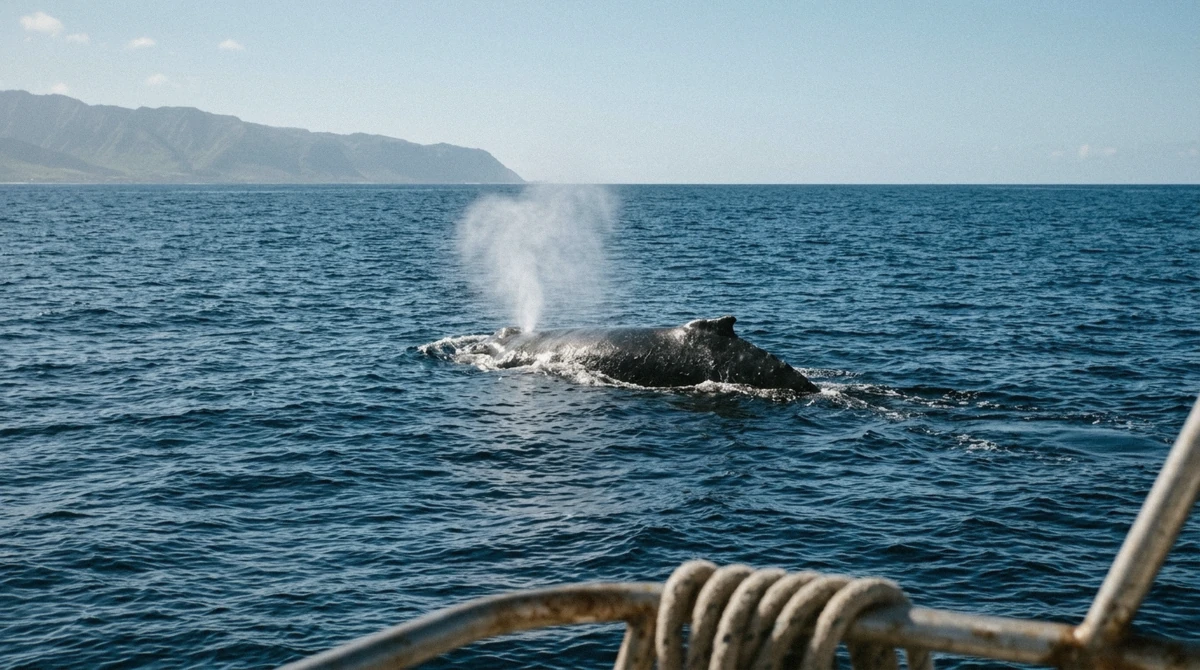 Humpback whale surfacing off the Waianae coast in December, the winter bonus of an Oahu dolphin tour